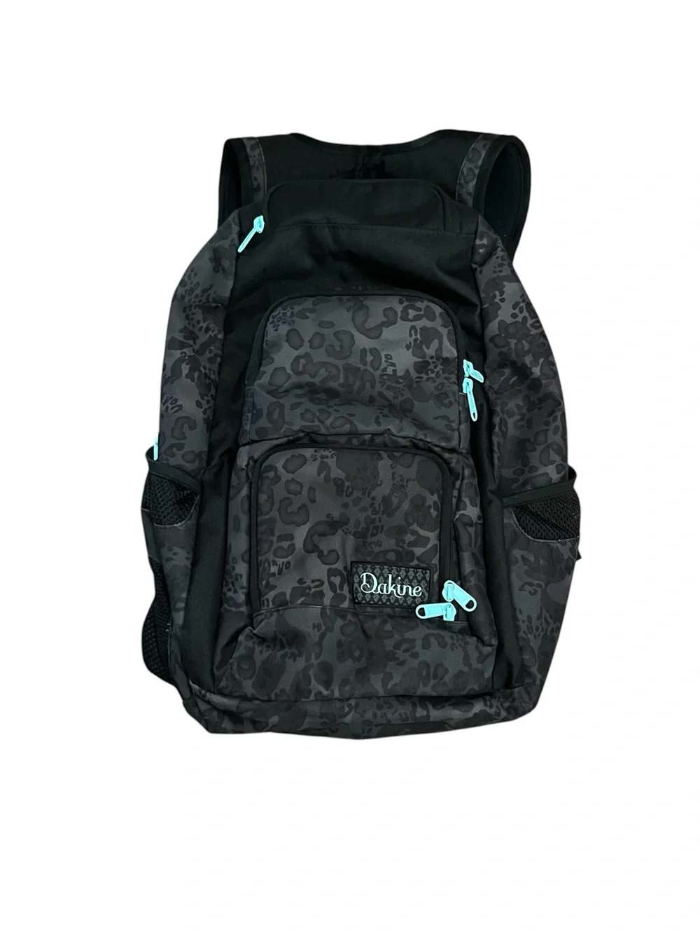 Dakine Black Leopard-Print Backpack with Teal Zipper Accents
